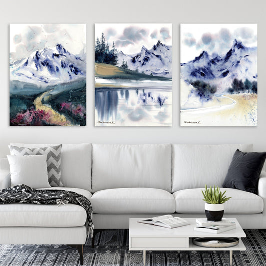 Set of 3 Nature Prints, Modern Wall Art, Abstract Mountain, Blue, Landscape Paintings On Canvas, Decor Above The Sofa