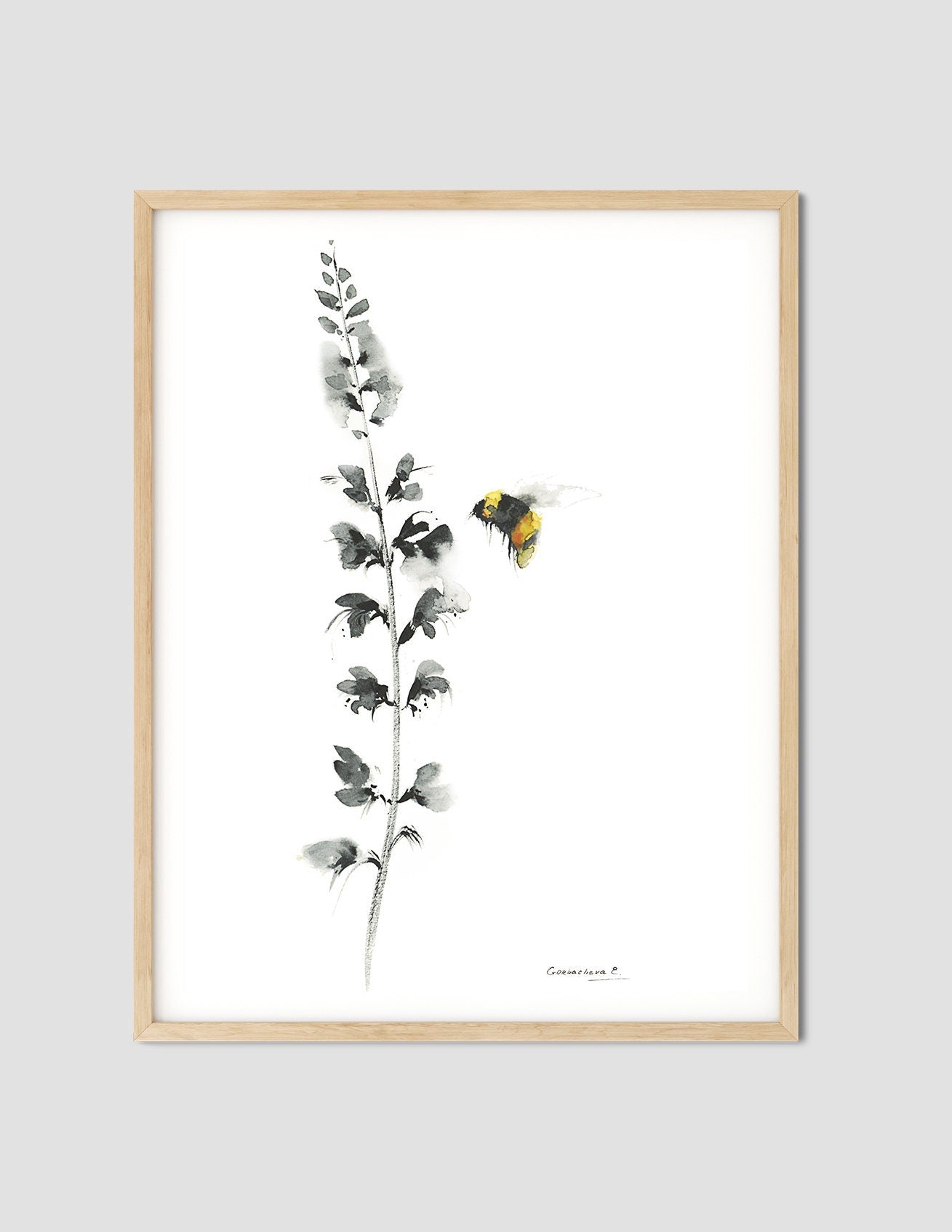Bee Flower Art Print, Botanical Wall Art, Yellow, White, Black, Watercolor Bumblebee Sketch, Bees, Gifts, Herb Print