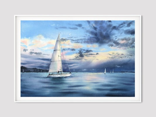 Yachting Wall Decor, Yacht Print, Nautical Art, Blue Sea Painting, Watercolor, Prints on Canvas