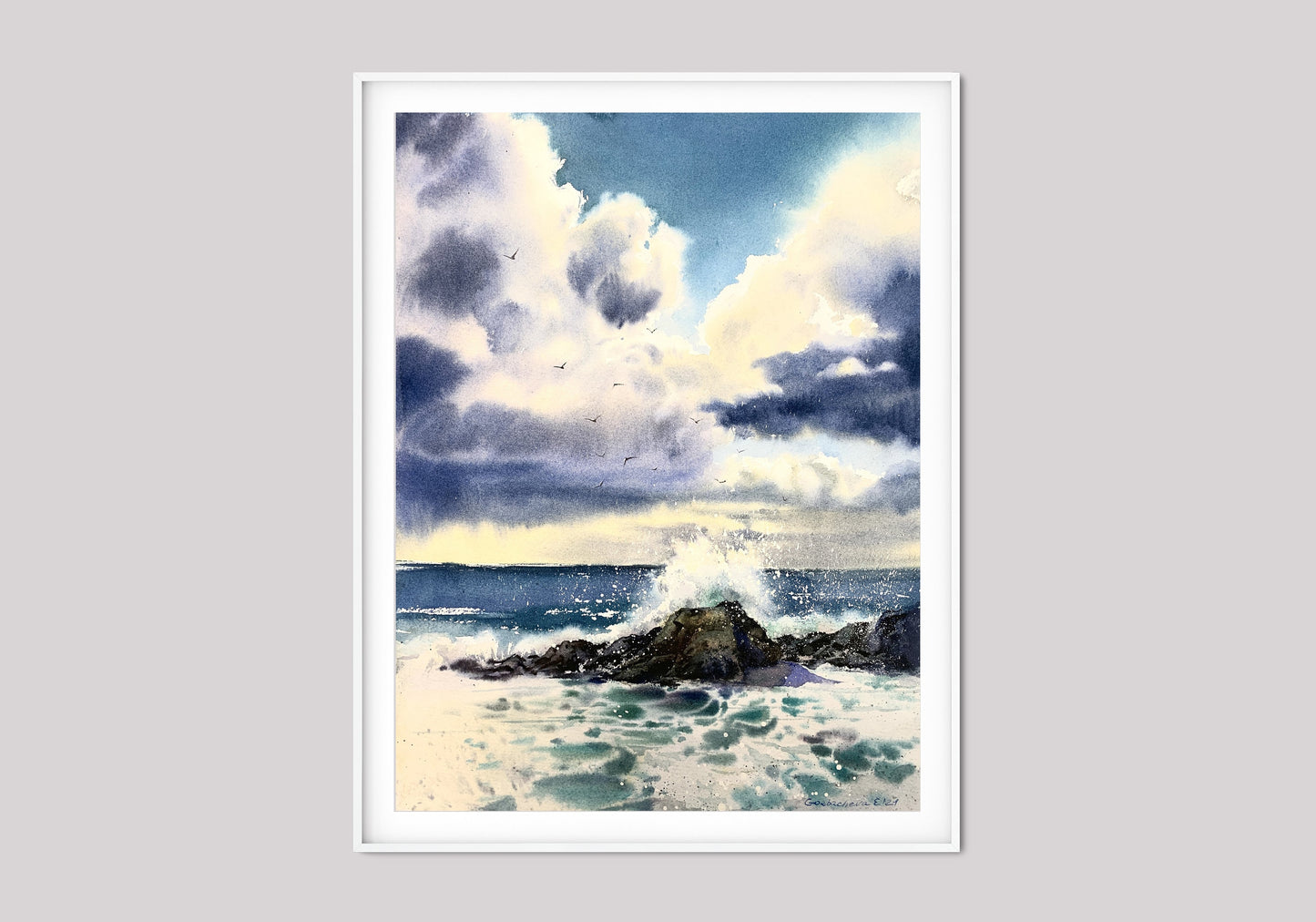 Coastal Art Print, Ocean Wave Wall Decor, Sea Living room Decor, Watercolor Waves Artwork, Beach Canvas Painting, Blue, Clouds