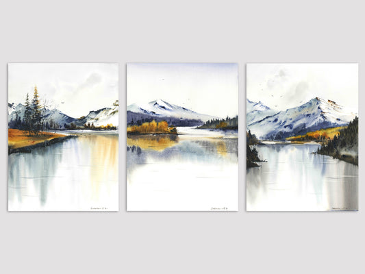 Set of 3 Mountain Prints, Modern Nature Art, Abstract Mountains, Fall Landscape Paintings On Canvas, Decor Above The Bed
