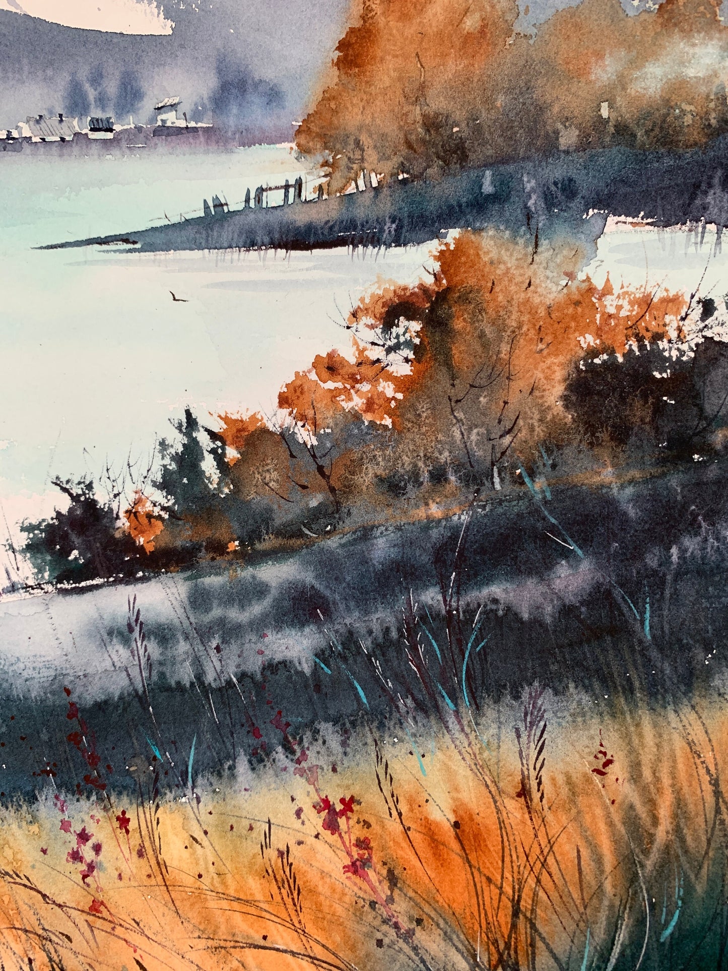 Fall Mountain Painting, Watercolor Original Artwork, Nature Wall Art, Abstract Home Decor, Burnt Orange, Autumn Landscape With Forest