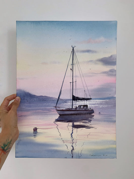 Painting Original, Sail Boat Watercolor, Seascape Art, Coastal Sunset, Yachting Living Room Wall Decor, Gift For Her, Blue, Orange, Pink