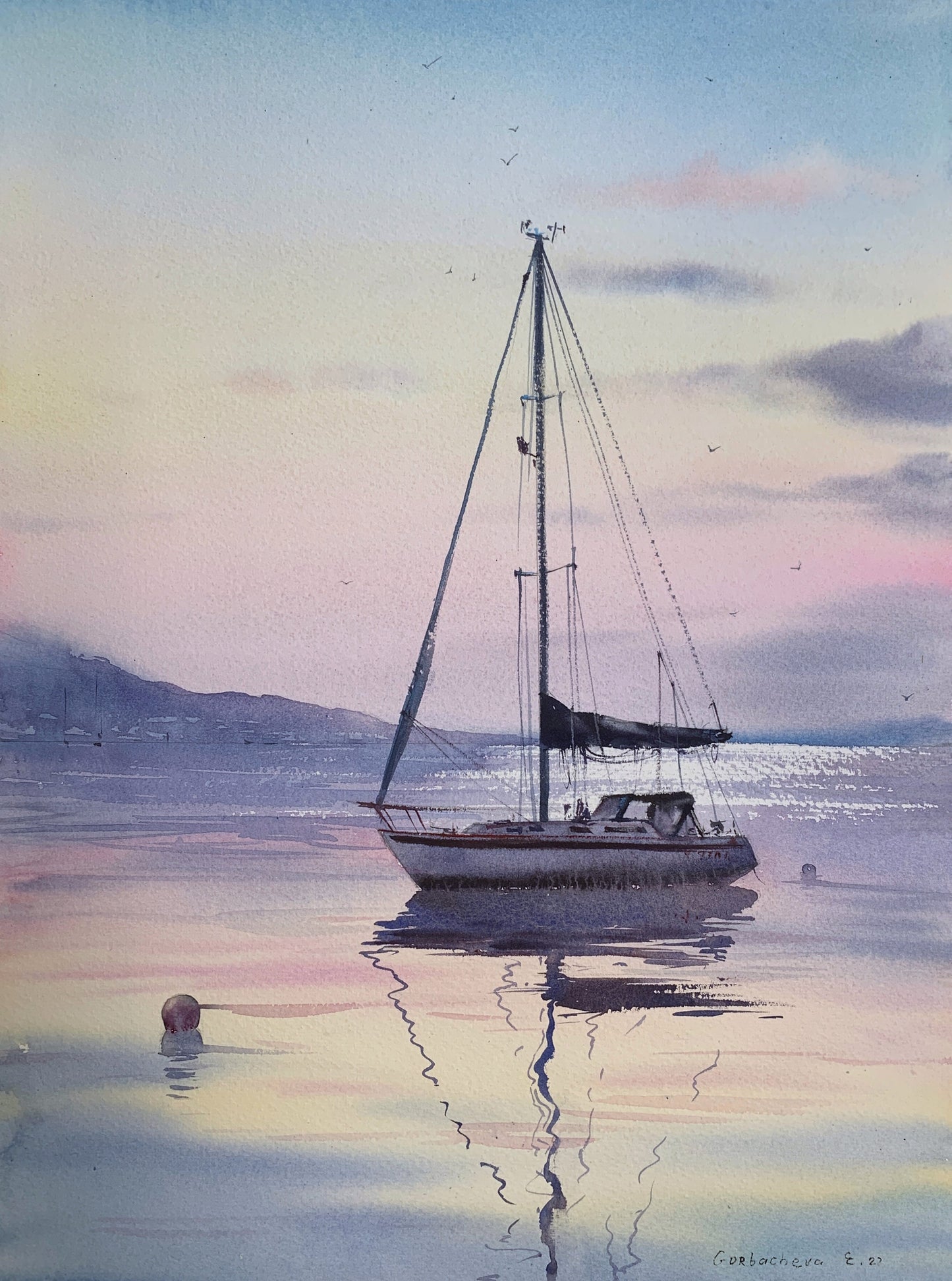 Painting Original, Sail Boat Watercolor, Seascape Art, Coastal Sunset, Yachting Living Room Wall Decor, Gift For Her, Blue, Orange, Pink