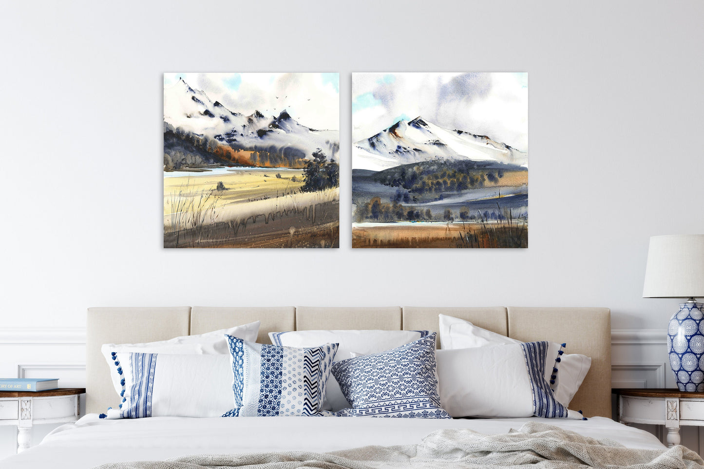 Set Of 2 Nature Square Prints, Autumn Landscape Wall Art, Mountain Lake Painting on Canvas, Burnt Orange, Gray, Giclee Print, Home Decor