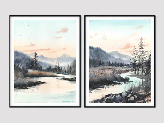 Nature Set of 2 Pieces, Pine Tree Forest Art Prints, Contemporary Wall Art, Mountain Painting, Bedroom Decor, Giclee Canvas Print