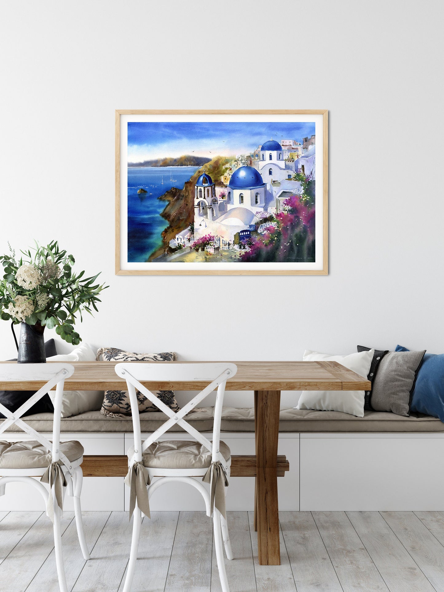 Santorini Island Art Print, Greece Painting, Sea Bedroom Wall Decor, Watercolor Coastal Artwork, Large Canvas Print, Travel Home Decoration