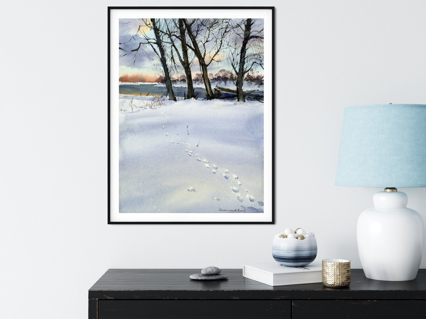 Winter Forest Art Print, Watercolor Landscape Painting, House Wall Decor, Canvas Print, Snowy Field Trees, Night Sky, Gift for Home