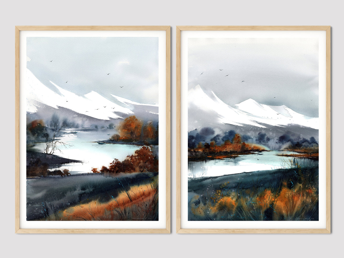 Abstract Fall Mountain Set of 2 Pieces, Nature Wall Art Prints, Modern Design Decor, Autumn Mountain Painting, Giclee Large Canvas Print