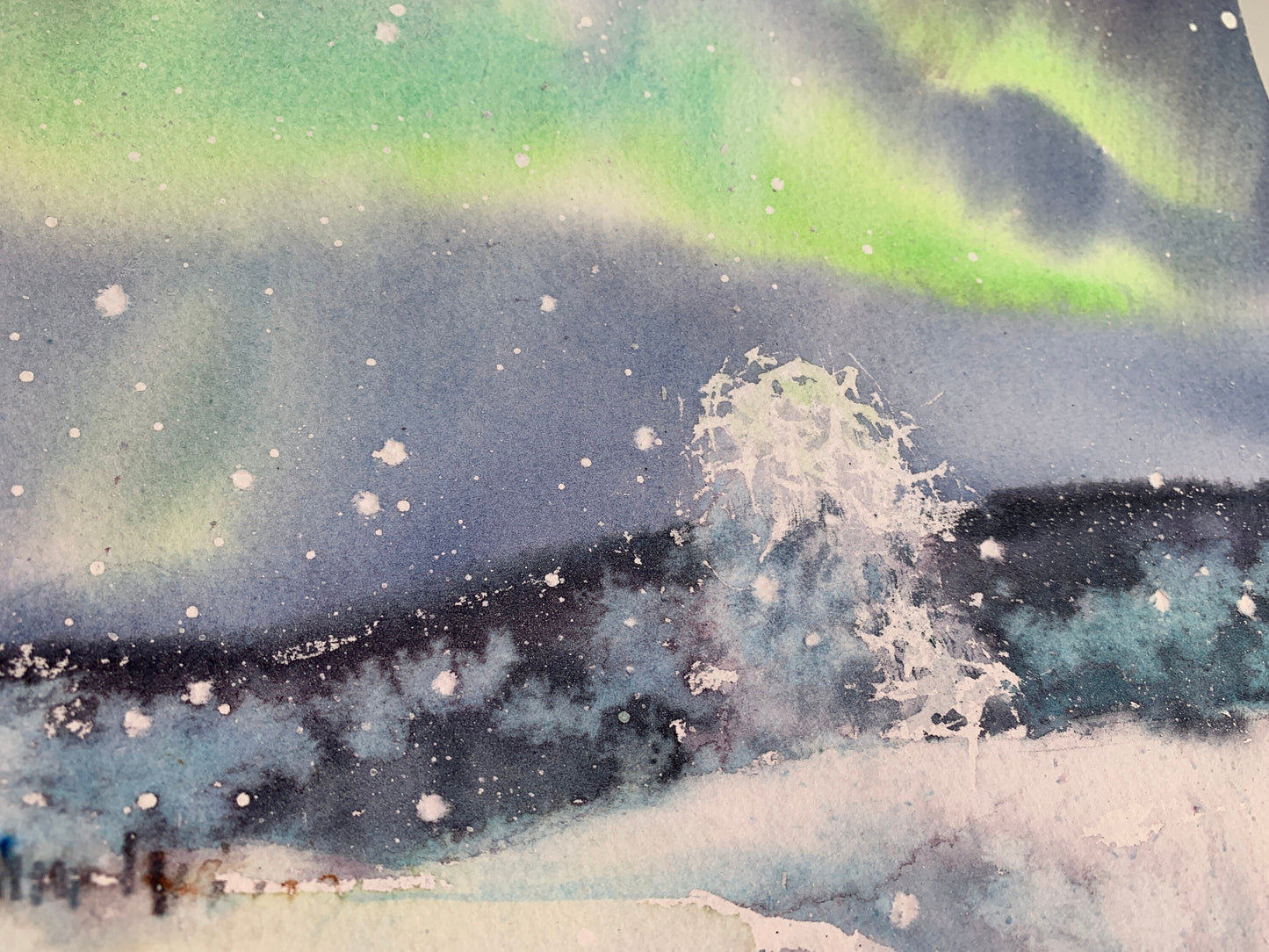 Aurora Borealis Painting Watercolor Original, Winter Forest, Northern lights, Snowy Landscape, Nordic Wall Art, Christmas Gift, Polar lights