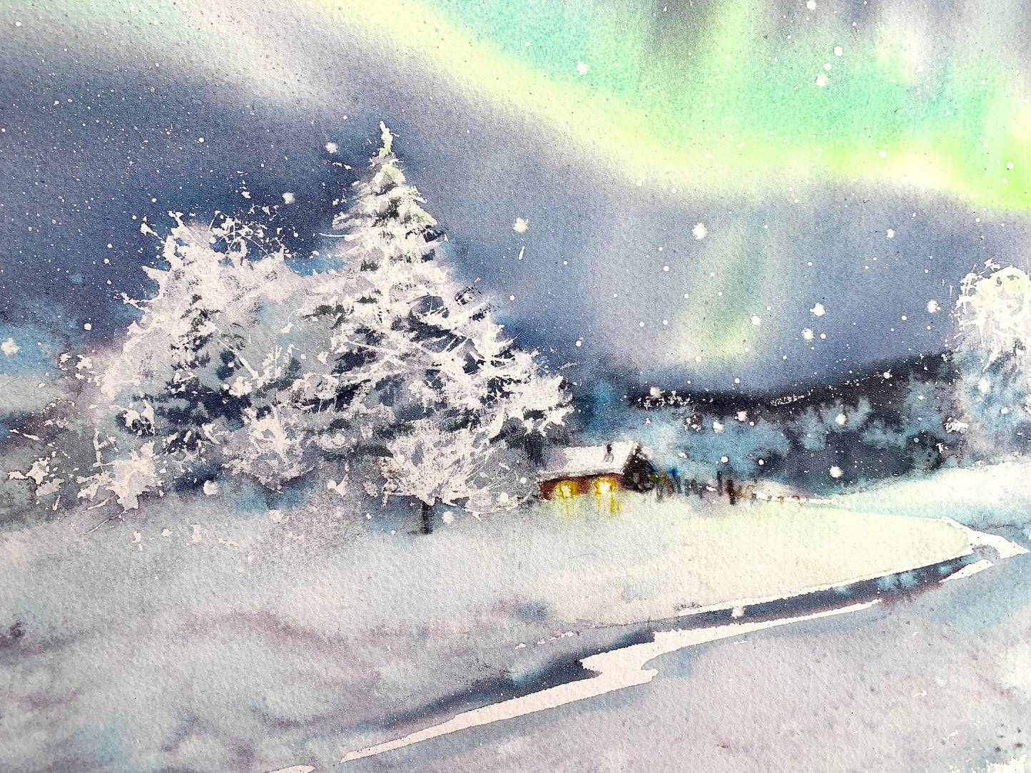 Aurora Borealis Painting Watercolor Original, Winter Forest, Northern lights, Snowy Landscape, Nordic Wall Art, Christmas Gift, Polar lights