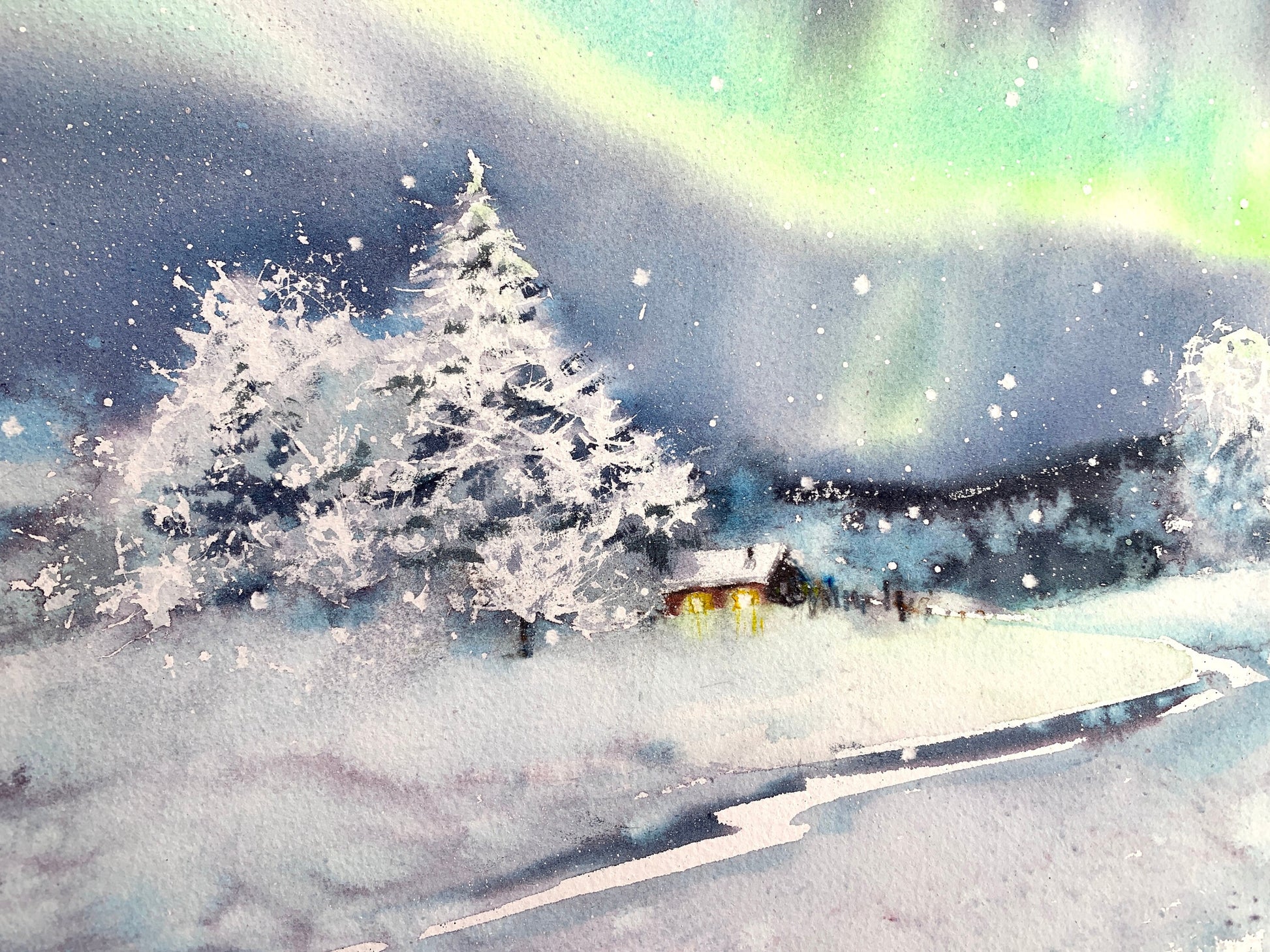 Winter Landscape, Original Northern Lights Painting, Christmas Original  Home Decor, Winter Illustration, Northern Lights Original Fine Art. 