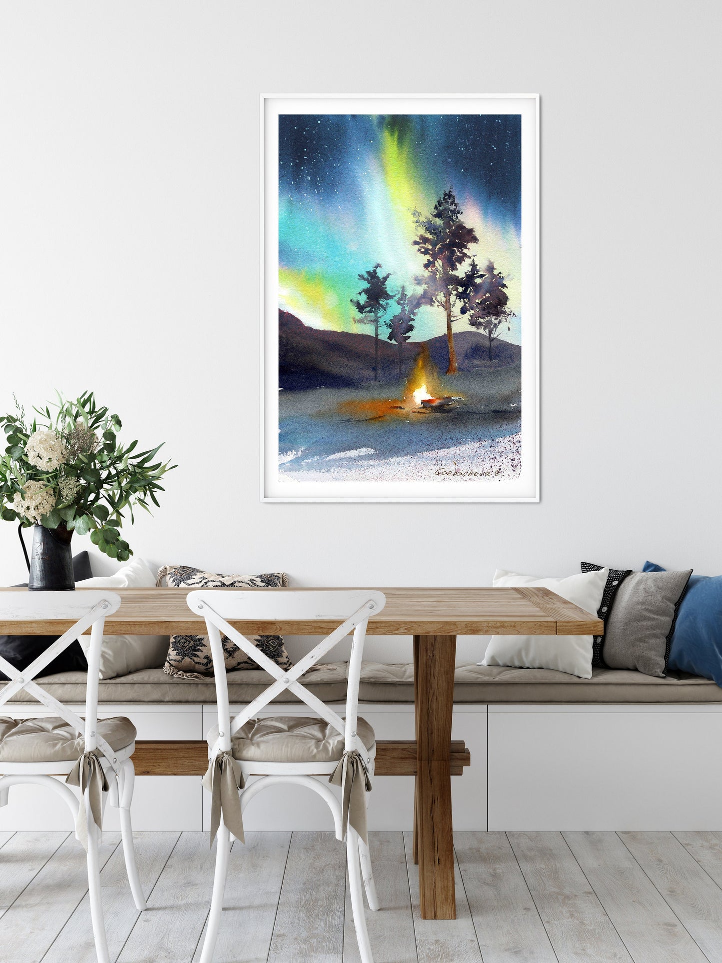 Northern lights Wall Art, Aurora Borealis Print, Winter Forest Landscape Watercolor Painting, Home Wall Decor, Canvas Print, Night Sky, Gift