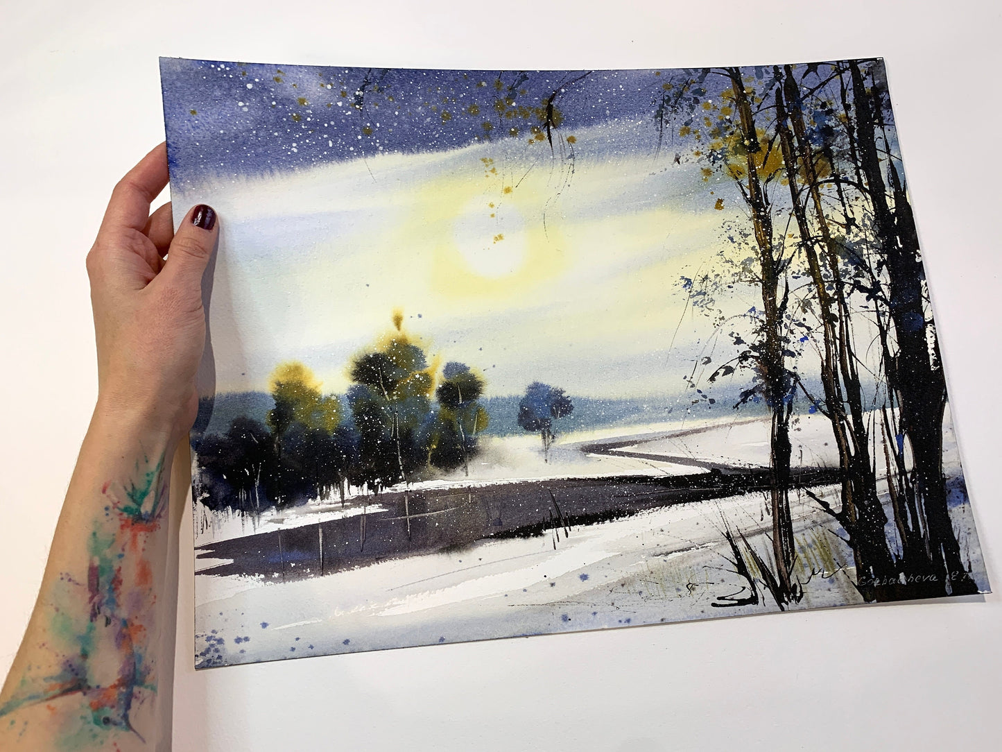 Early Winter Landscape Painting Original Watercolor, Snowy Field Trees Forest, Sun Blue Sky, First Home Gift, Nature Wall Art