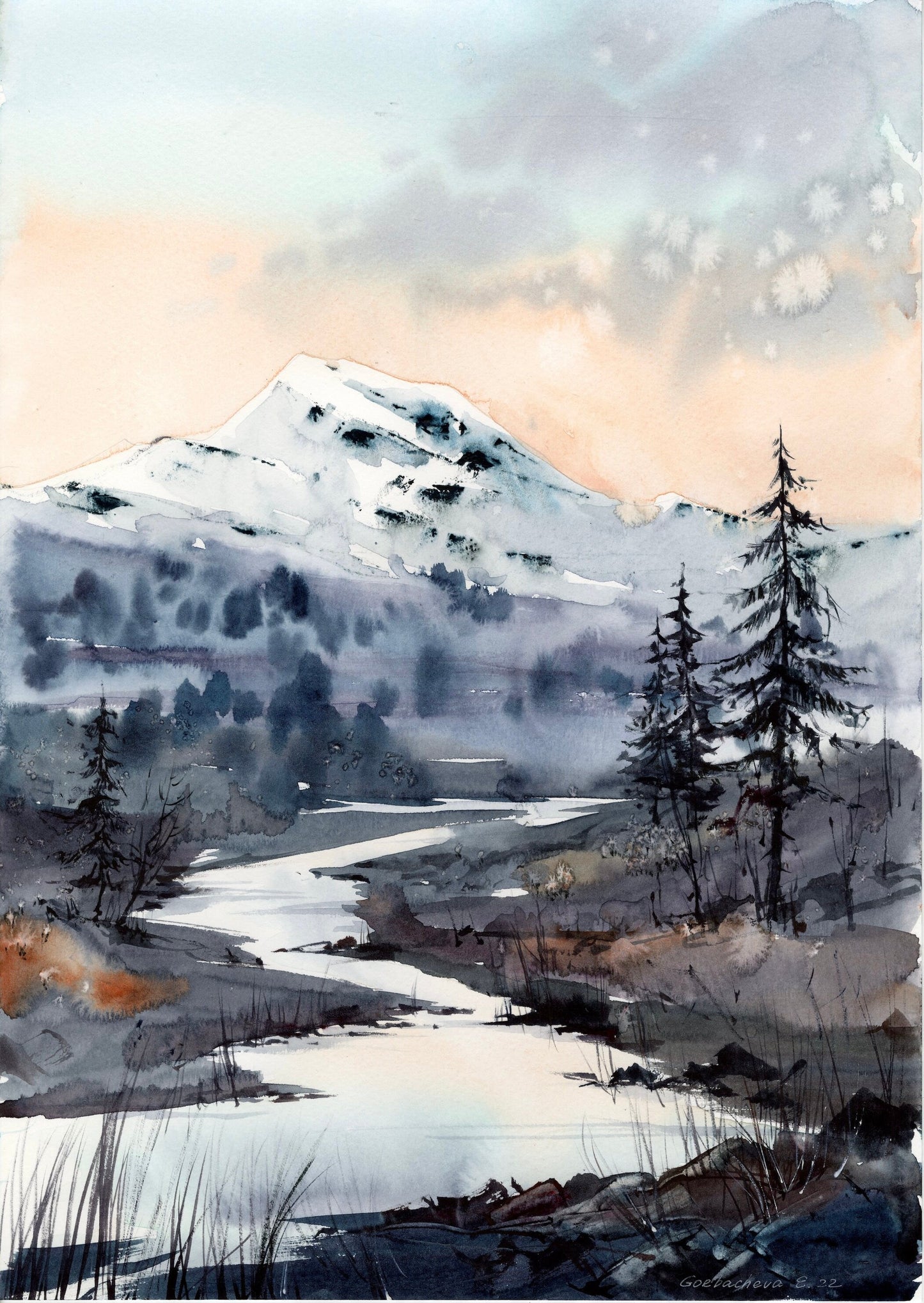 Mountain Forest Painting Watercolour Original, Abstract Nature Art, Landscape, Mountains, River, Modern Wall Decor, Vanilla Sky, Gift