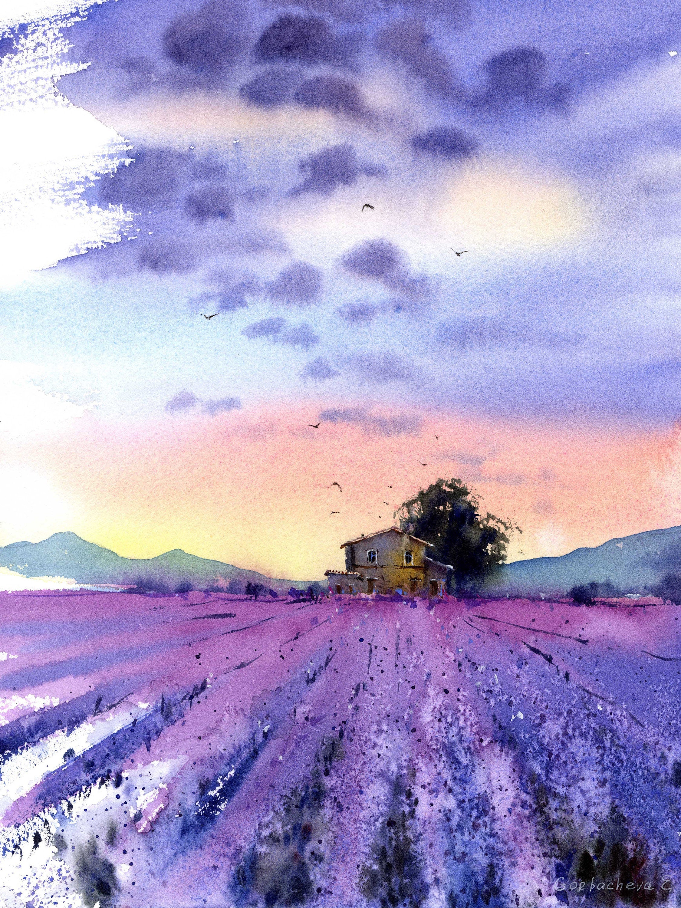 Set of 2 Lavender Field hot Watercolor Wall Art. Panoramic Heather Field Farmhouse Valley Panorama Art. Extra Large Purple Green Botanical Print