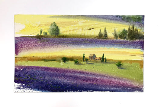 Lavender Landscape Small Painting, Watercolor Original Artwork, Provence Wall Art, Gift For Her, Purple Flower Field, Yellow, Green