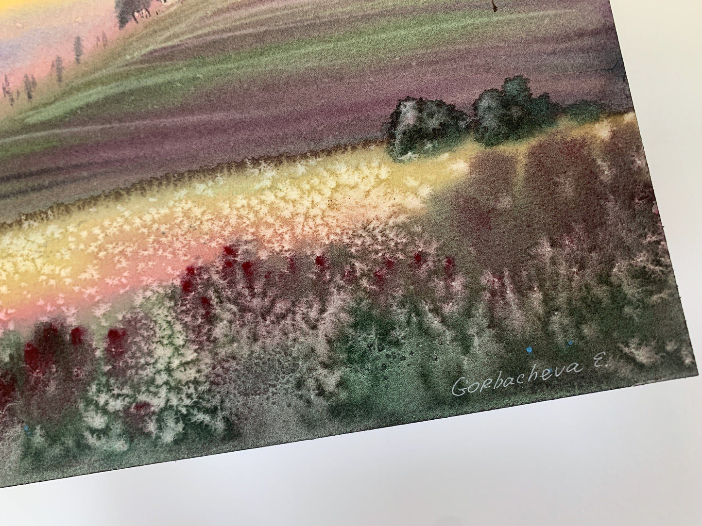 Colorful Landscape Small Painting, Original Watercolor Artwork, Italy Wall Art, Gift For Her, Purple Green Flower Field, Italian Decor