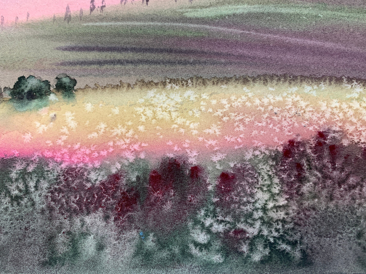 Colorful Landscape Small Painting, Original Watercolor Artwork, Italy Wall Art, Gift For Her, Purple Green Flower Field, Italian Decor