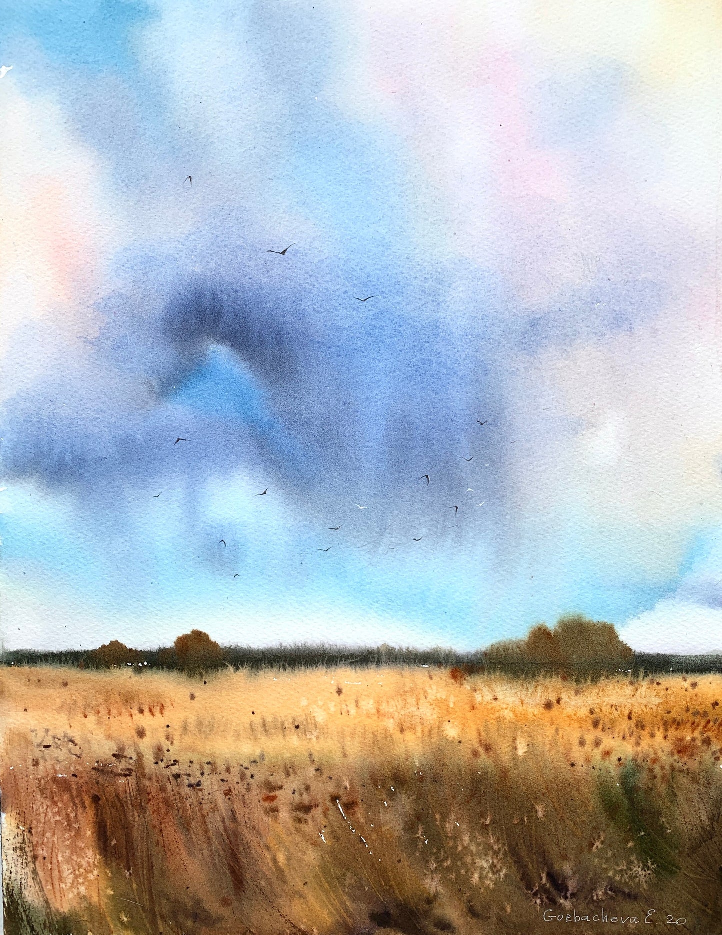 Rye Field Painting, Abstract Watercolor Original, Nature Art, Modern Landscape Wall Decor, Blue Sky, Gift For Art Lovers