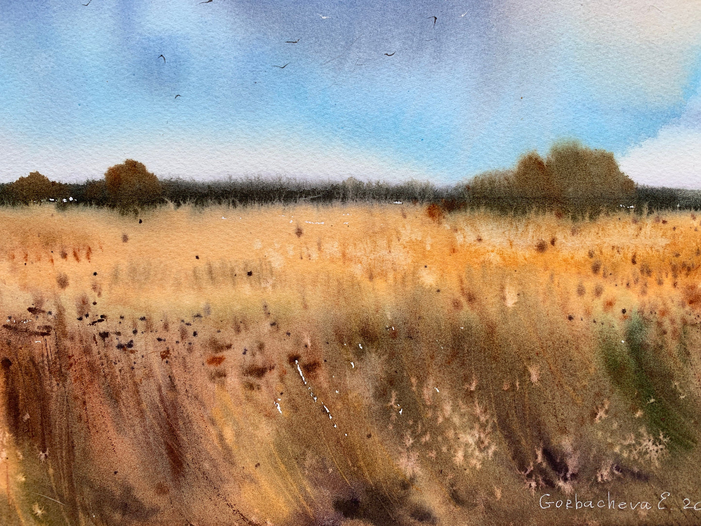 Rye Field Painting, Abstract Watercolor Original, Nature Art, Modern Landscape Wall Decor, Blue Sky, Gift For Art Lovers