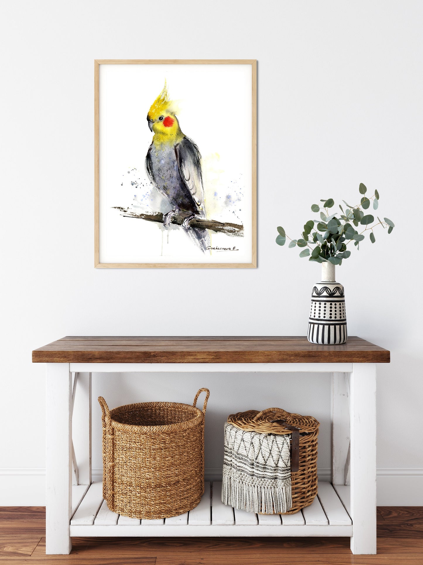 Cockatiel Art Print, Watercolor Bird Painting, Gray, Yellow, Parrot Art Prints, Minimalistic Birds, Giclee Canvas Print