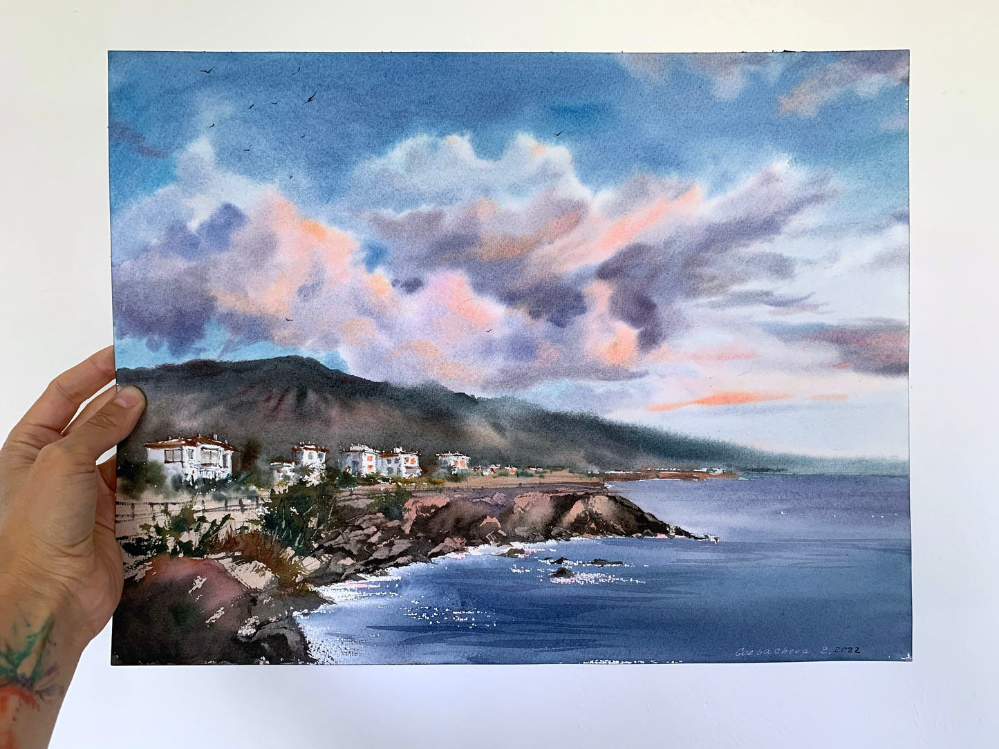 Coastal Town Painting Original Watercolor, Coast Sea Waves Wall Art, Seascape Bedroom Wall Decor, Unique Gift, Blue Sea Clouds