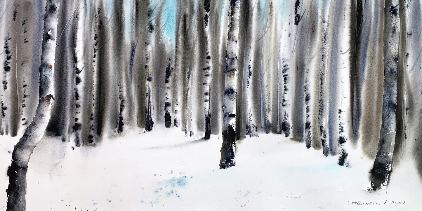 Panorama Birch Forest Art Print, Landscape Panoramic Painting, Winter Snow Nature Art, House Wall Decoration, White, Grey, Turquoise