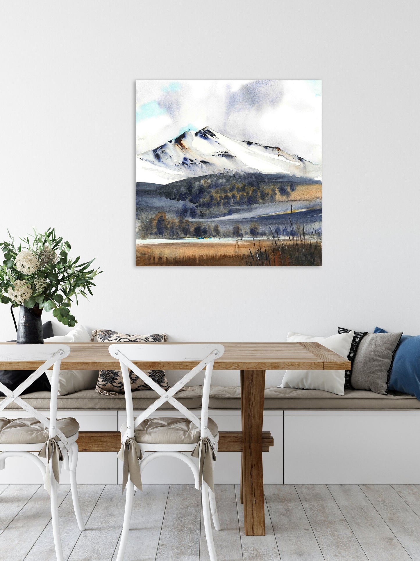 Fall Mountain Art Print, Square Abstract Painting, Watercolor Landscape, Large Print on Canvas, Living Room Wall Decor