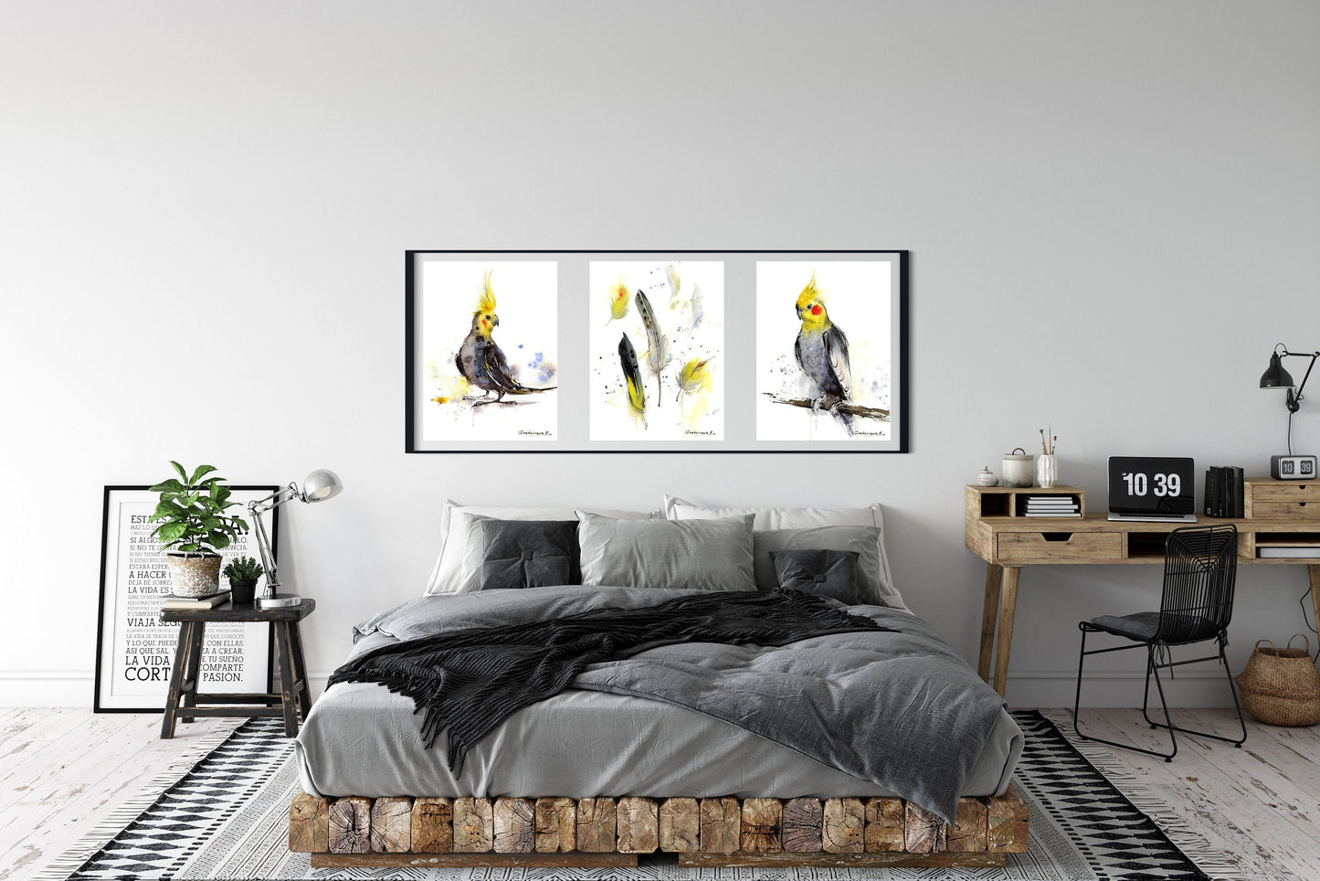 Bird Set of 3 Art Prints, Parrot Wall Art, Cockatiel Wall Decor, Watercolor Feathers, Yellow Gray Minimalist Birds