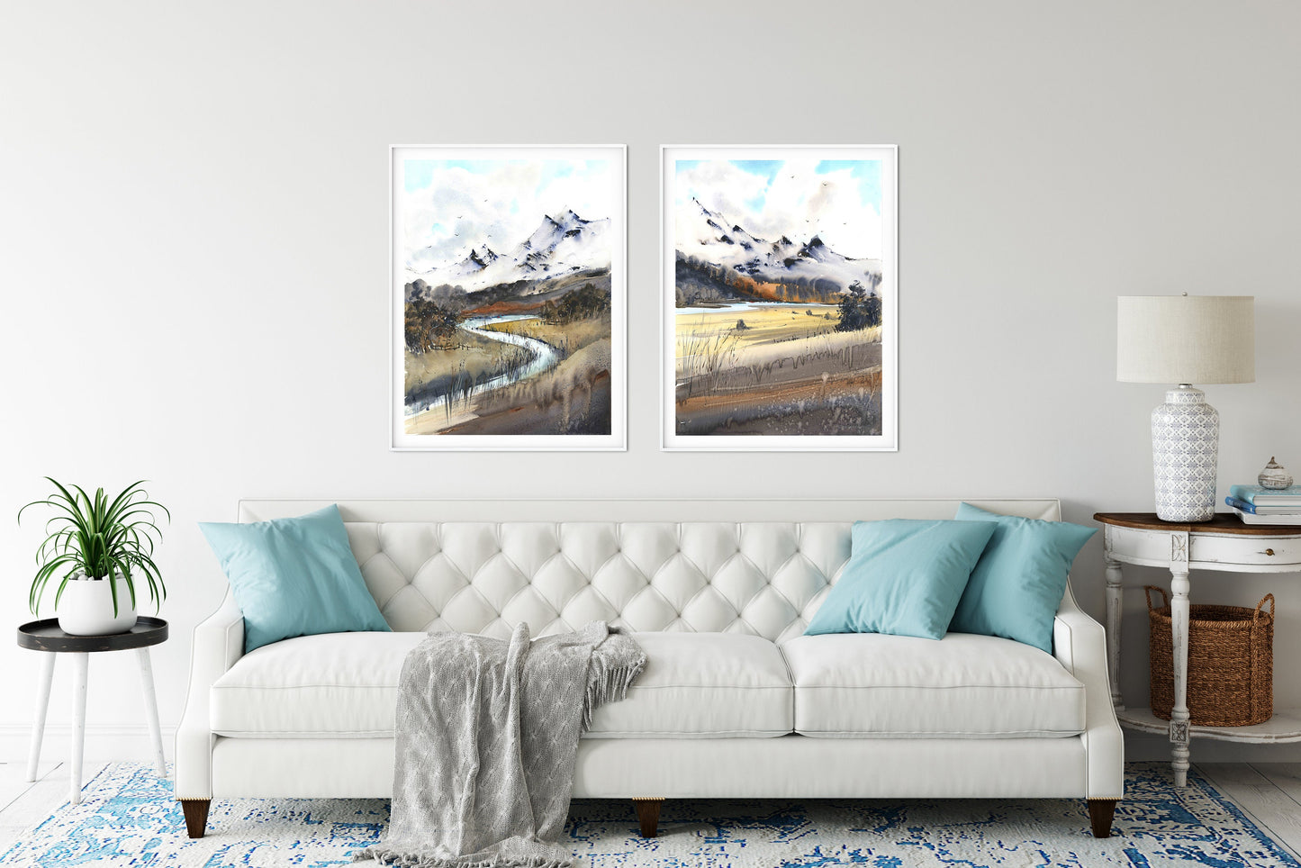 Fall Mountain Set of 2 Abstract Art Prints, Nature Wall Art, Contemporary Painting, Living Room Decor, Canvas Large Print, Burnt Yellow