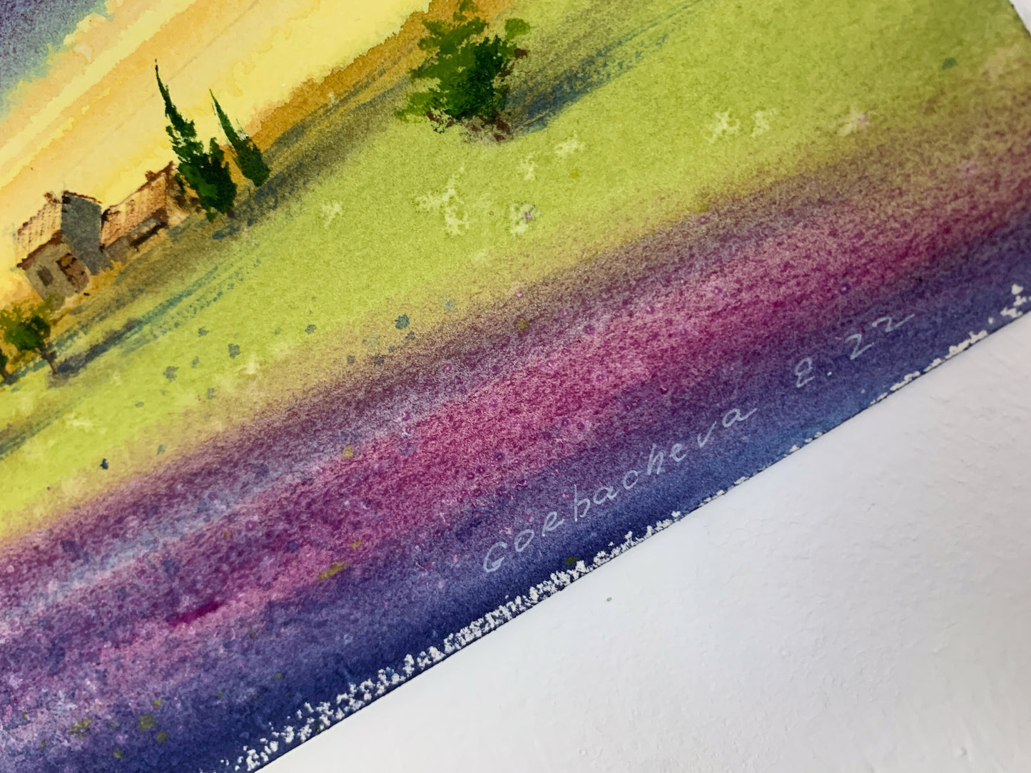Lavender Landscape Small Painting, Watercolor Original Artwork, Provence Wall Art, Gift For Her, Purple Flower Field, Yellow, Green