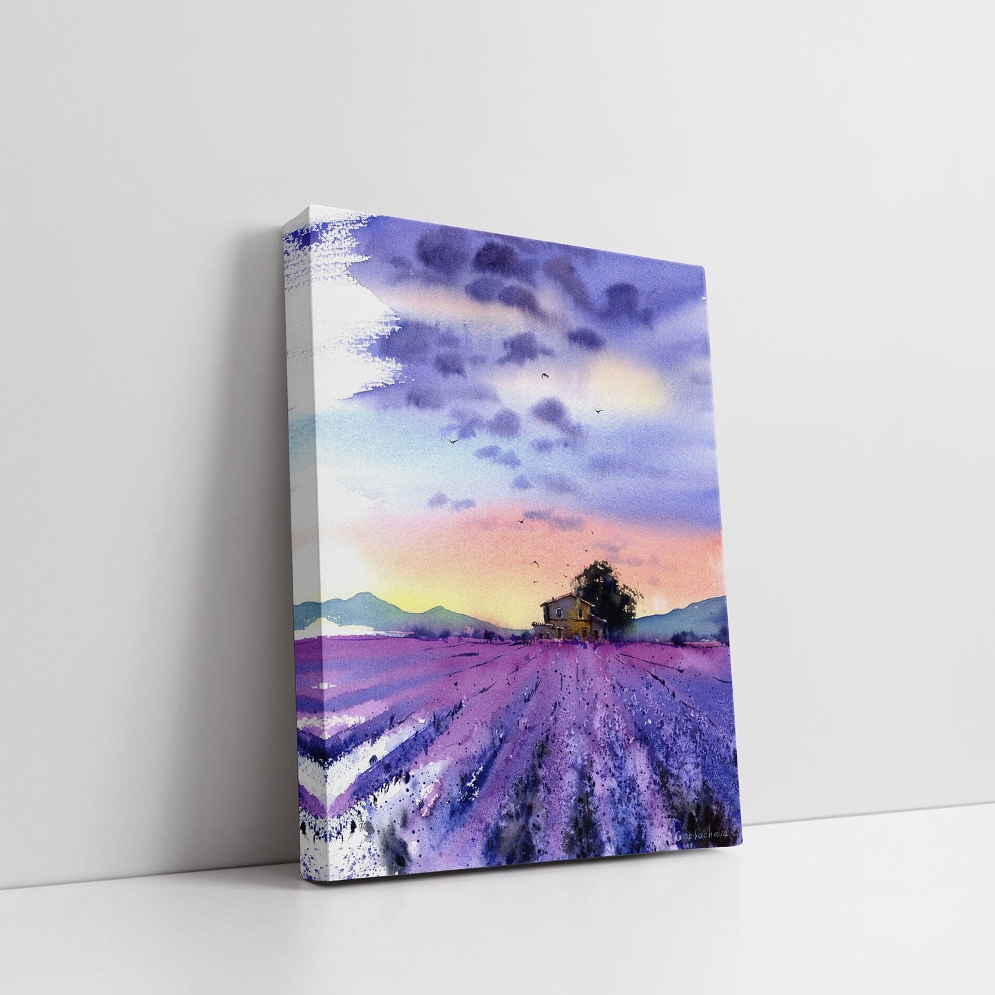 Provence Wall Decor, Lavender Art Print, France Landscape Watercolor Painting, Home Decoration, Purple Field, Canvas Print, Wedding Gift