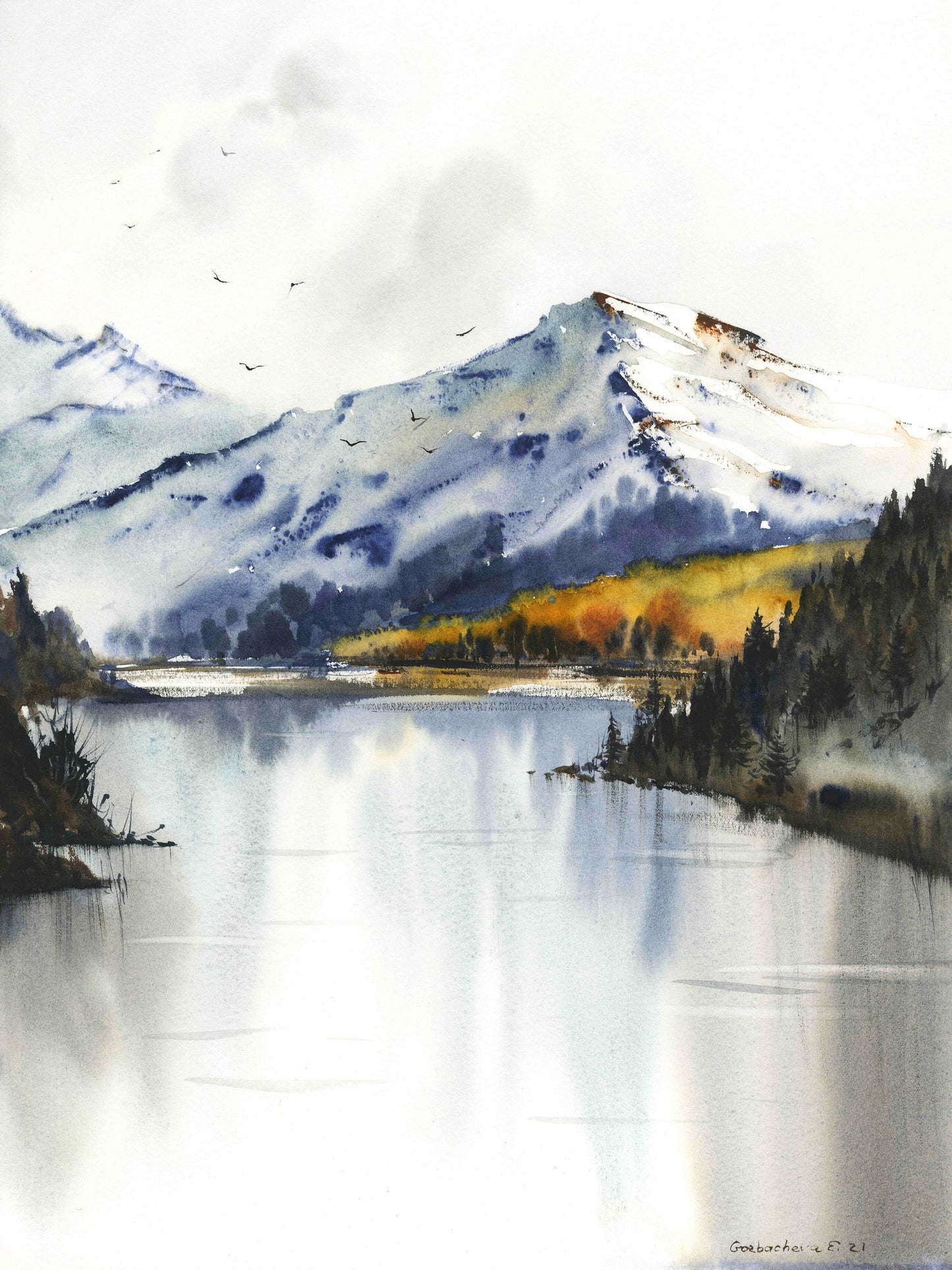 Nature Set of 2 Art Prints, Fall Mountain Wall Decor, Abstract Watercolor Painting, Minimalist Autumn Lake Art, Scenery