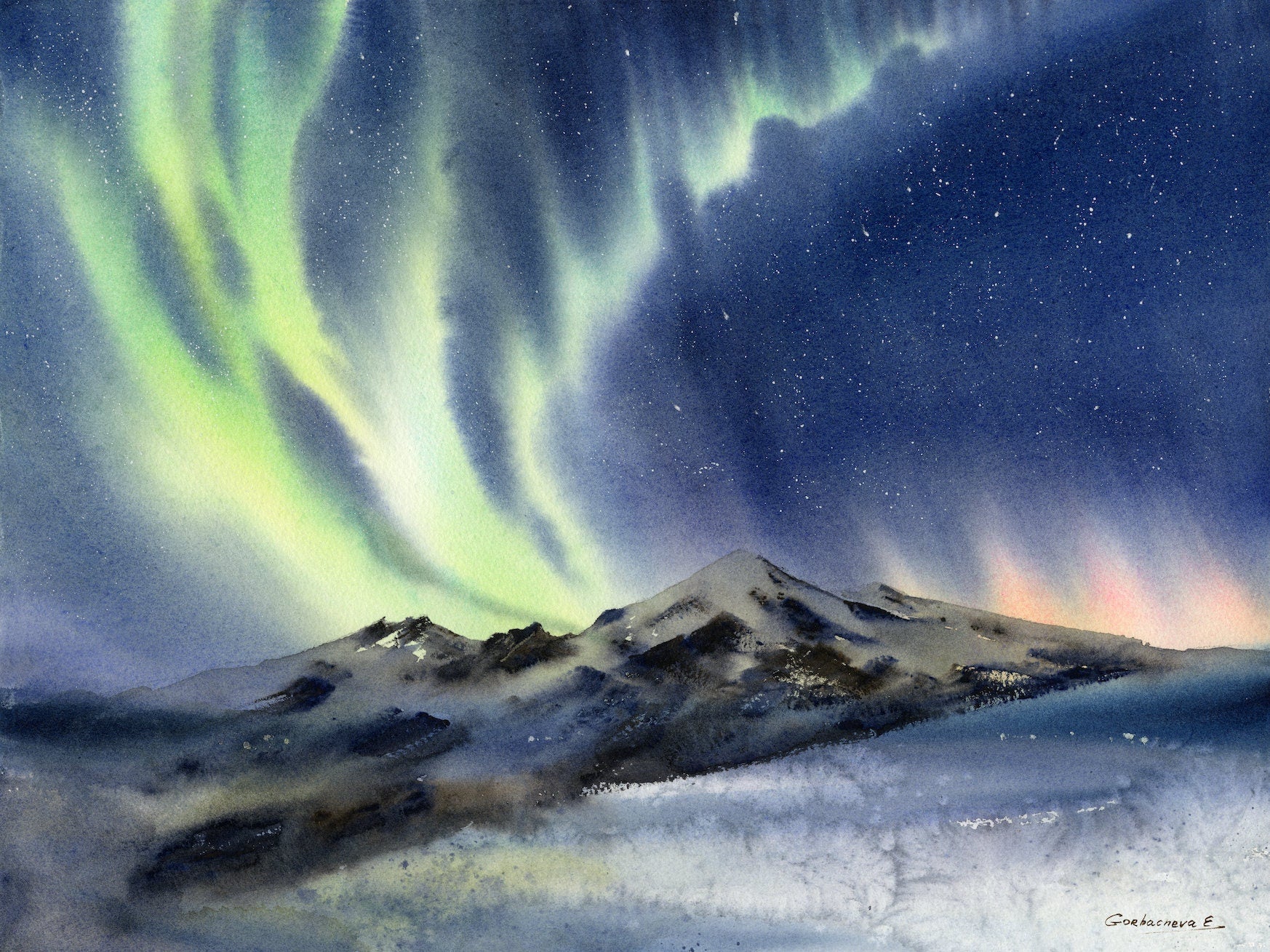 Green Aurora Borealis Wall Art Polar Lights Print Watercolor Night Sky Canvas Scenery Painting Modern Adventure Art