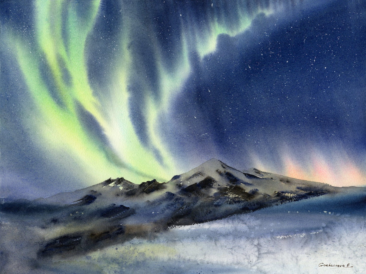 Green Aurora Borealis Wall Art, Polar Lights Print, Watercolor Night Sky, Canvas Scenery Painting, Modern Adventure Art