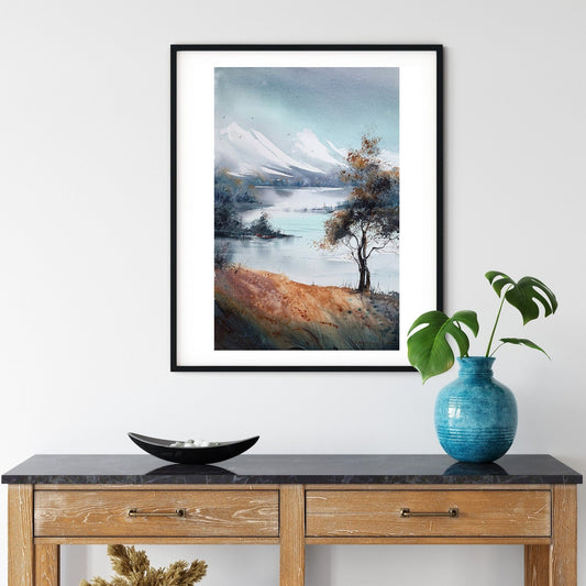 Mountain Lake Painting Watercolor Original, Pine Tree, Mountains Home Decor, Turquoise, Burnt Yellow, Landscape With Forest, Nature Art