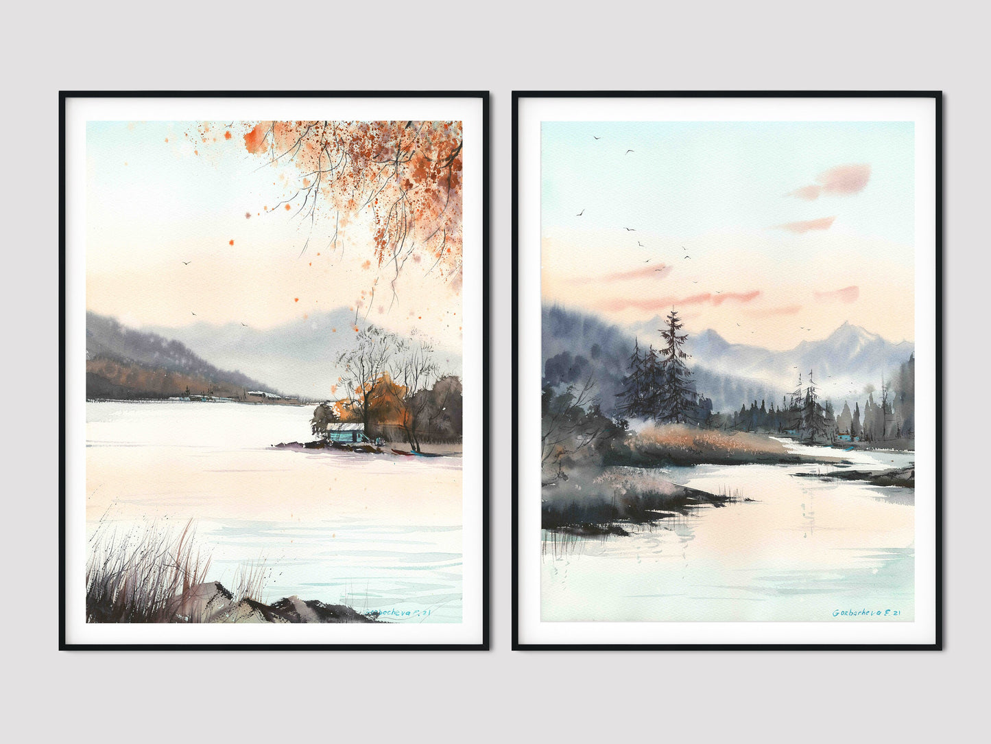 Set of 2 Watercolor Paintings, Nature Art Giclee Prints, Pine Tree Forest Wall Decor, Contemporary Bedroom Wall Art