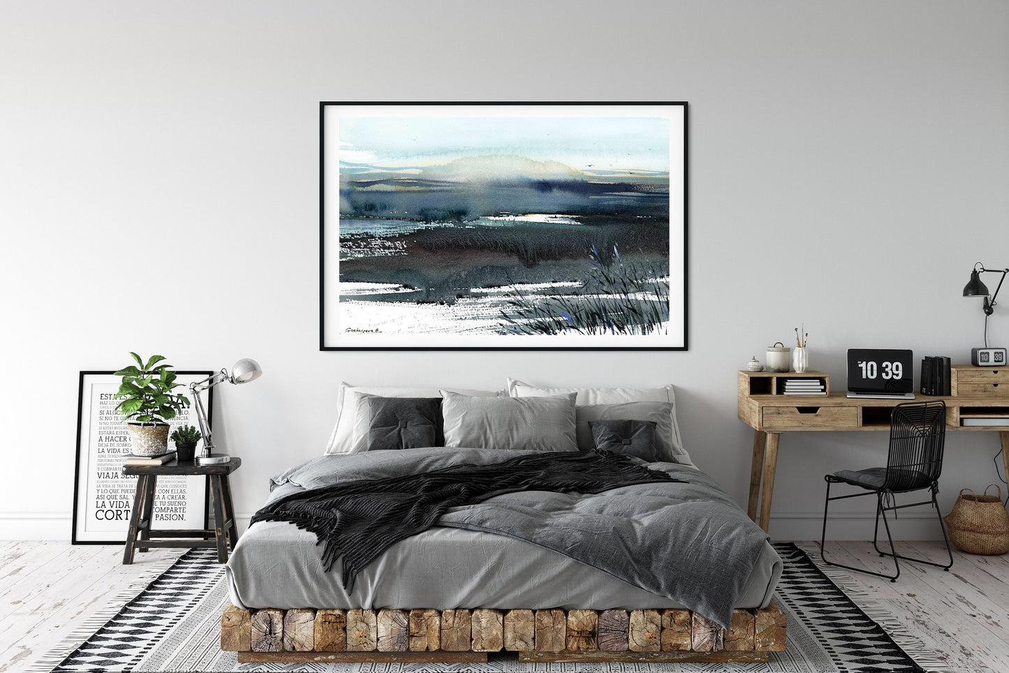 Abstract Wall Art, Modern Landscape Painting, Contemporary Watercolor, Extra Large Canvas Print, Navy Blue, Gray