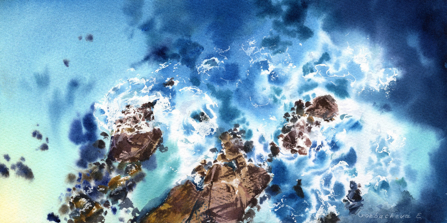 Ocean Beach Gallery Wall Art, Set of 4 Sea Panorama Print, Seascape Painting, Palm Tree Art, Coastal Home Decoration