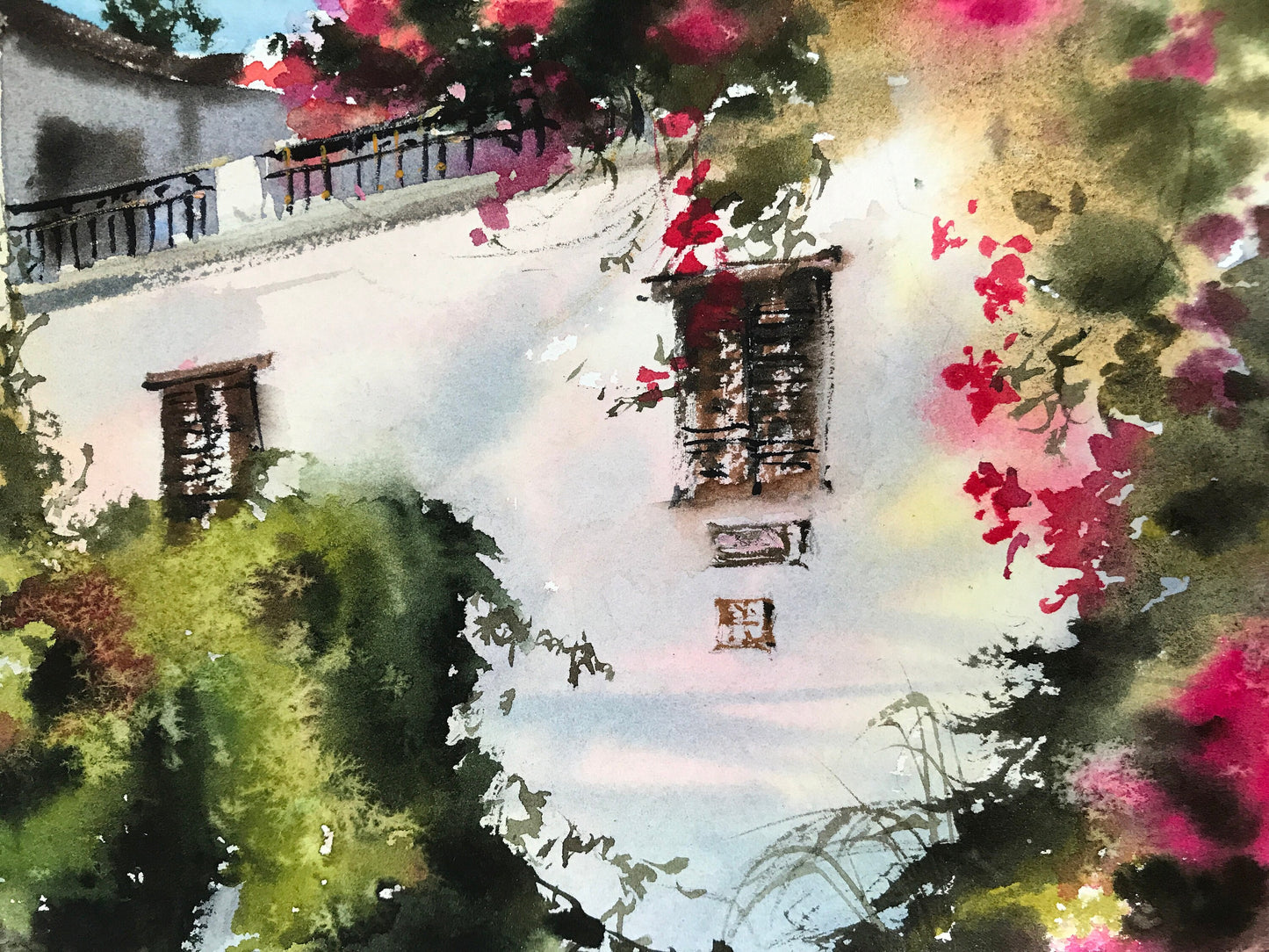 Coastal Village House Painting Original Watercolor, Greek Style Artwork, White, Green, Pink Flowers Wall Decor, Gift