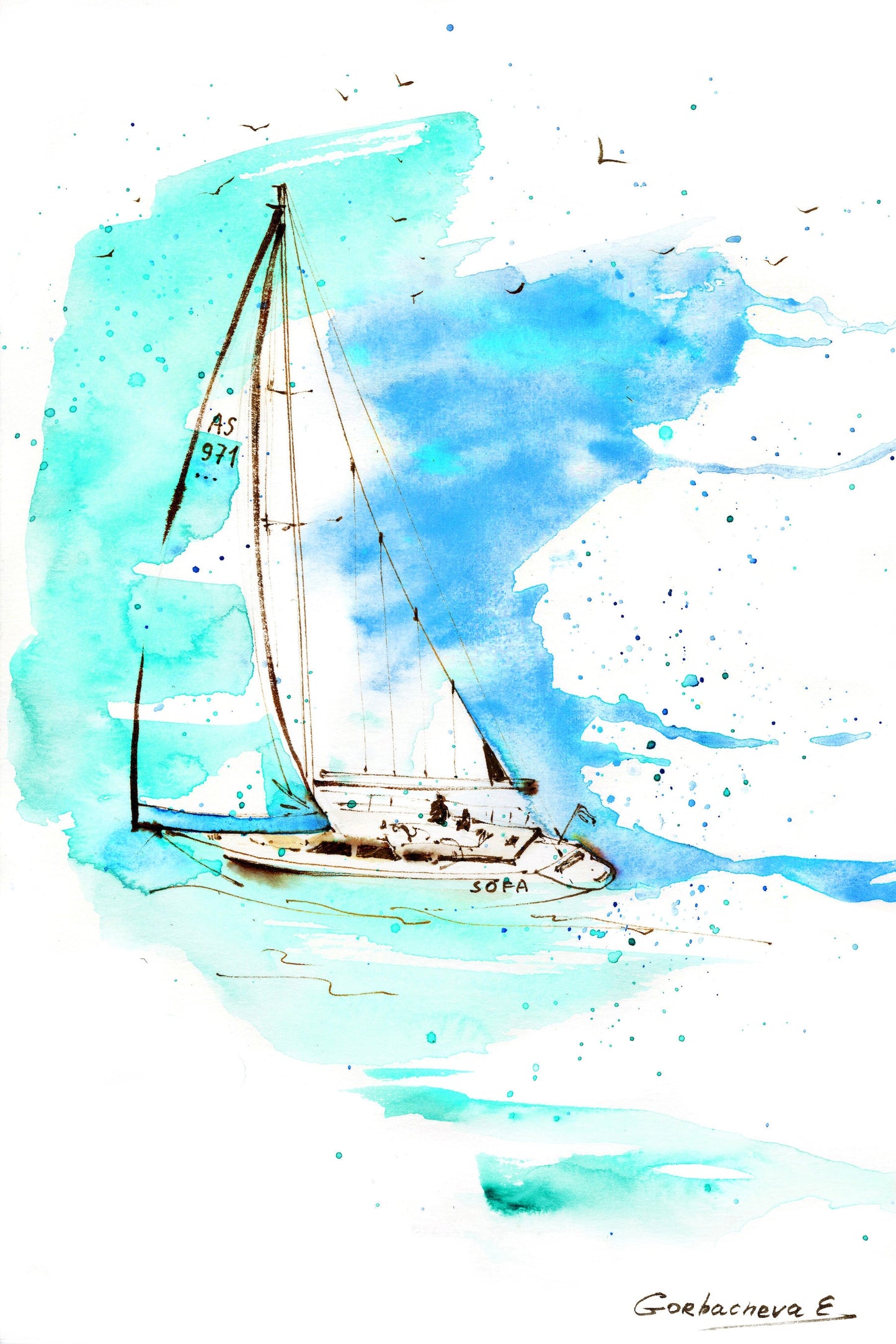 Yachting Gallery Wall Set of 4 Piece, Sailboats Wall Decor, Nautical Art, Blue Green Yacht Prints, Watercolor Sea Sketch