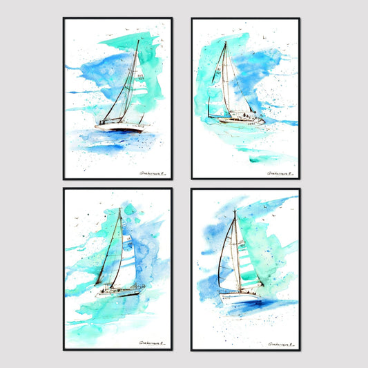Yachting Gallery Wall Set of 4 Piece, Sailboats Wall Decor, Nautical Art, Blue Green Yacht Prints, Watercolor Sea Sketch