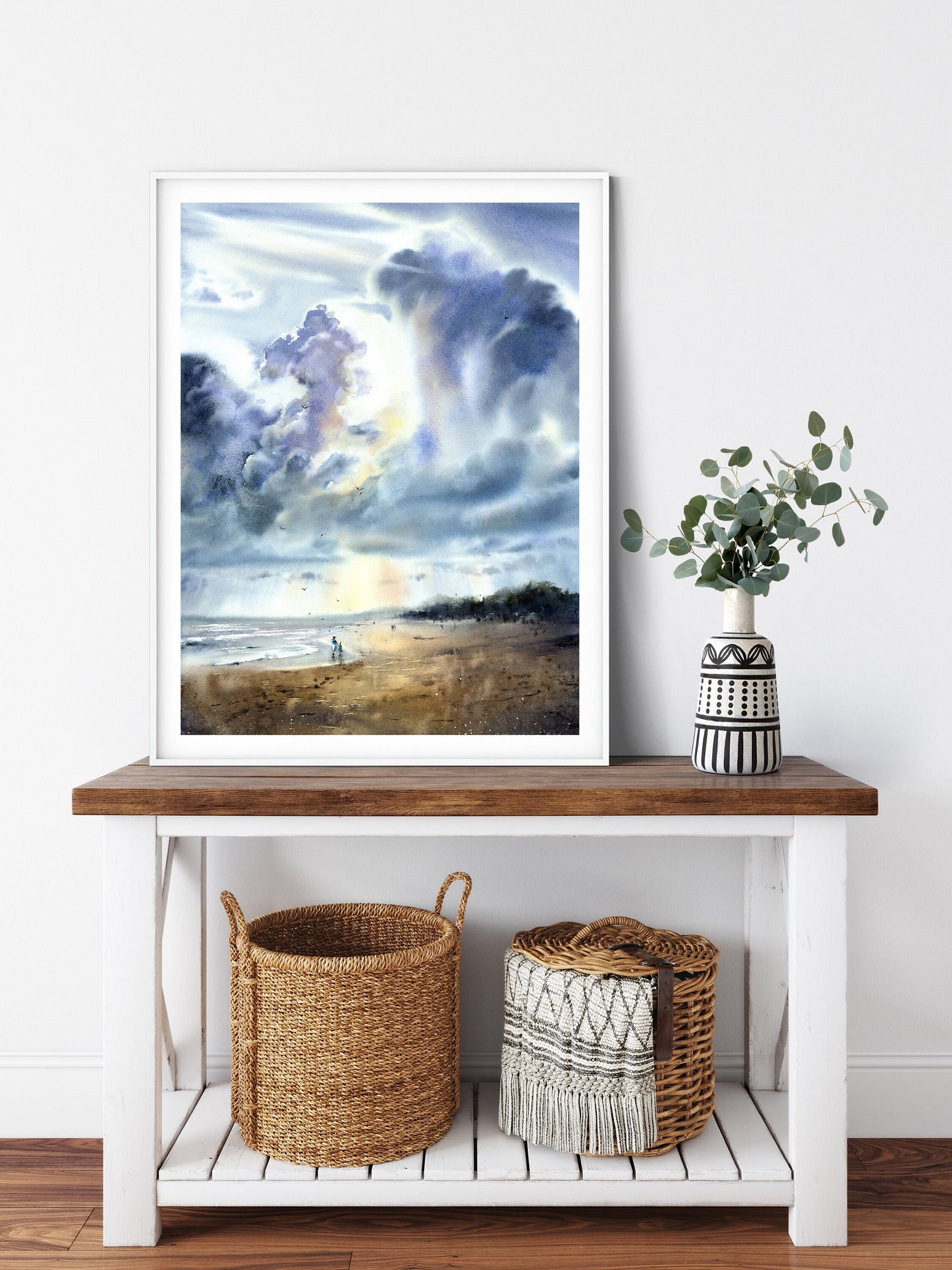 Beach Clouds Painting, Ocean Art Print on Paper or Canvas, Coastal Living room Wall Decor, Watercolor Wave Artwork