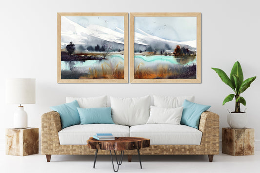 Abstract Set Of 2 Square Prints, Mountain Wall Art on Canvas, Contemporary Landscape Painting, Turquoise, Office Decor