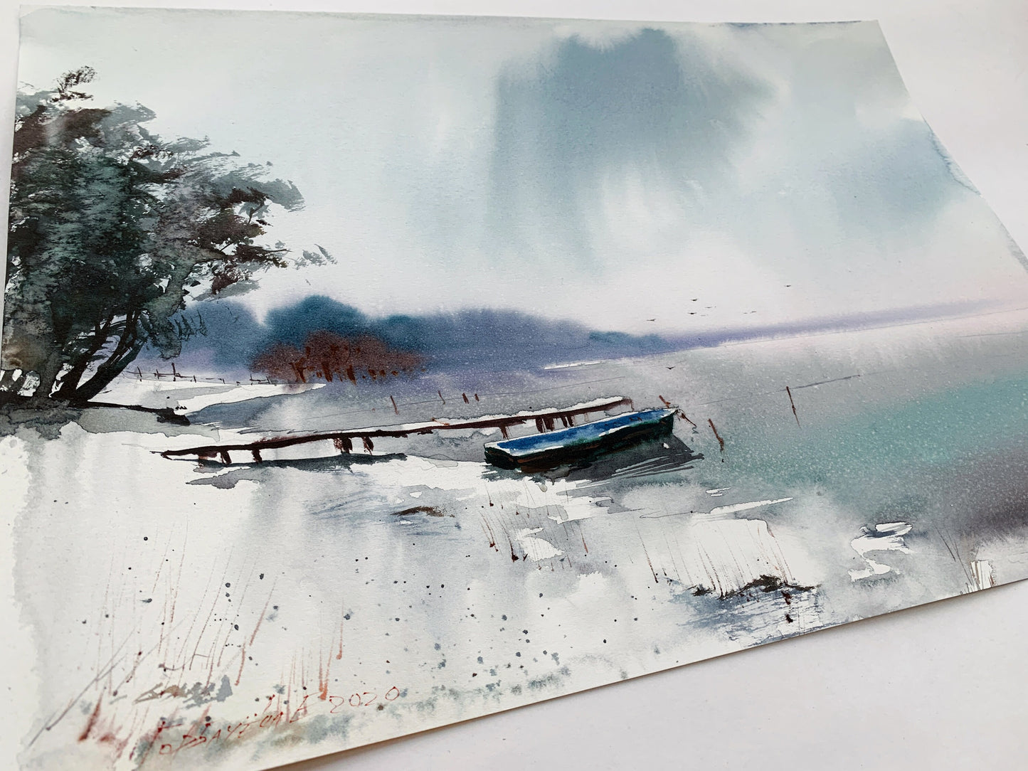Lake Boat Painting Watercolor Original, Snow Landscape Wall Art, Nature House Wall Decor, Grey, Turquoise, Trees, Pier