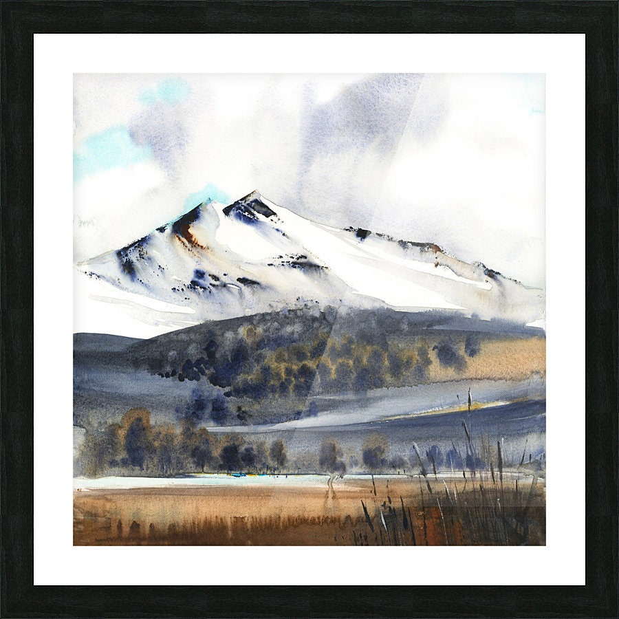 Fall Mountain Art Print, Square Abstract Painting, Watercolor Landscape, Large Print on Canvas, Living Room Wall Decor
