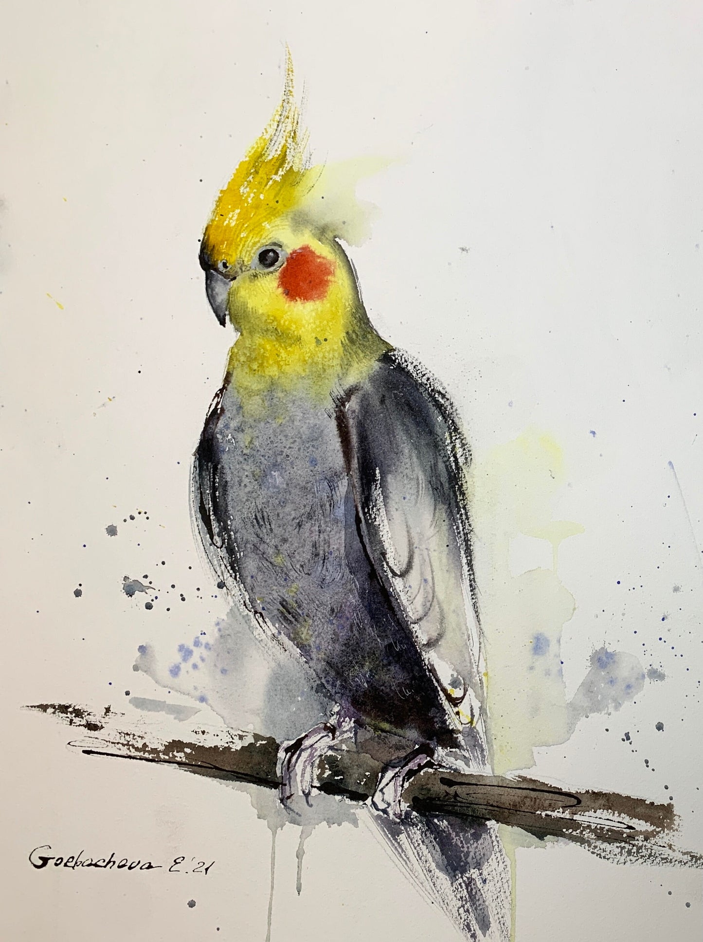 Parrot Watercolor Original Painting, Tropical Bird Art, Cockatiel Lover Gift Artwork, Yellow Gray Living Room Decor
