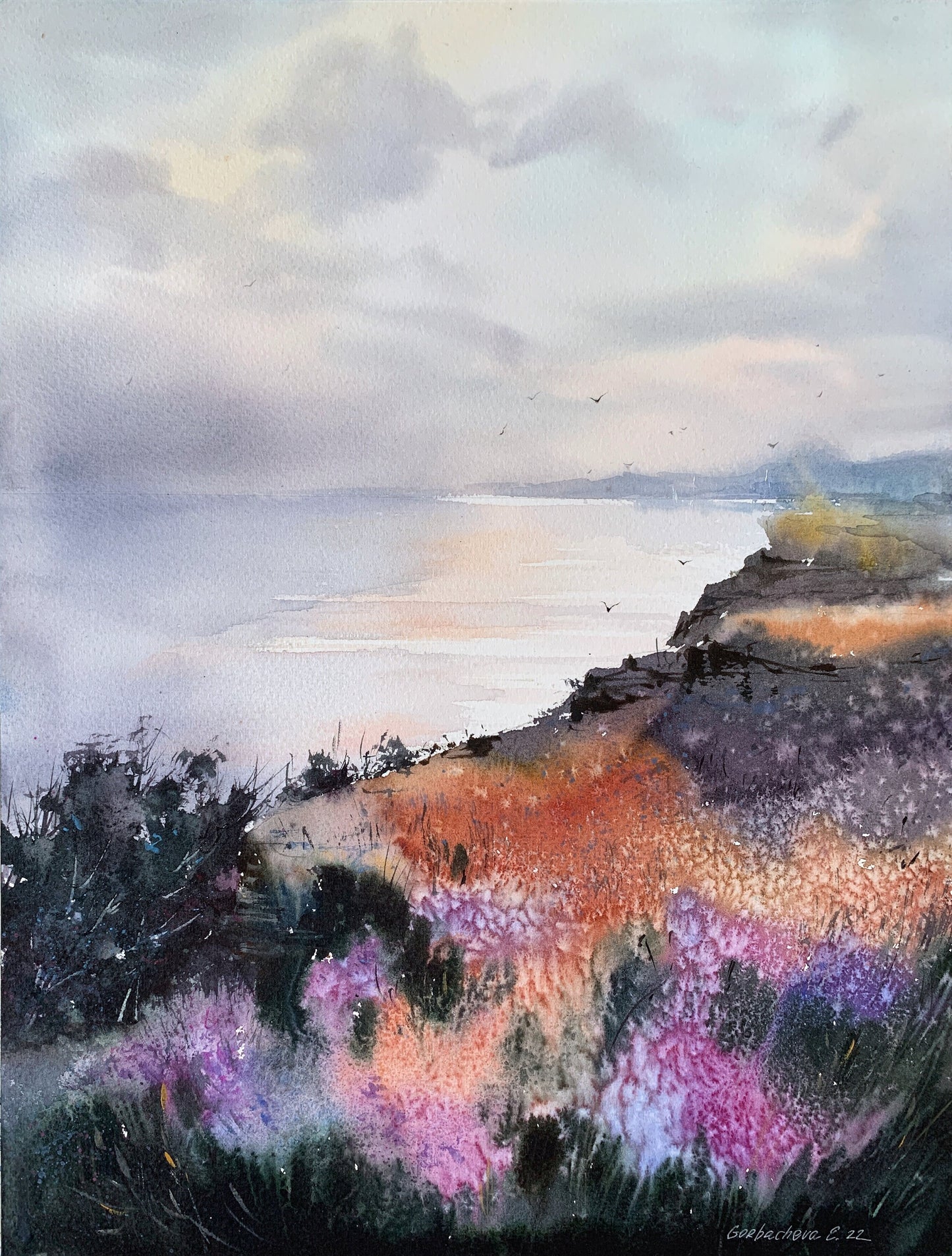 Abstract Coastal Painting Original Watercolor, Modern Wildflower Wall Decor, Sea Artwork, Gift, Purple Orange Flowers