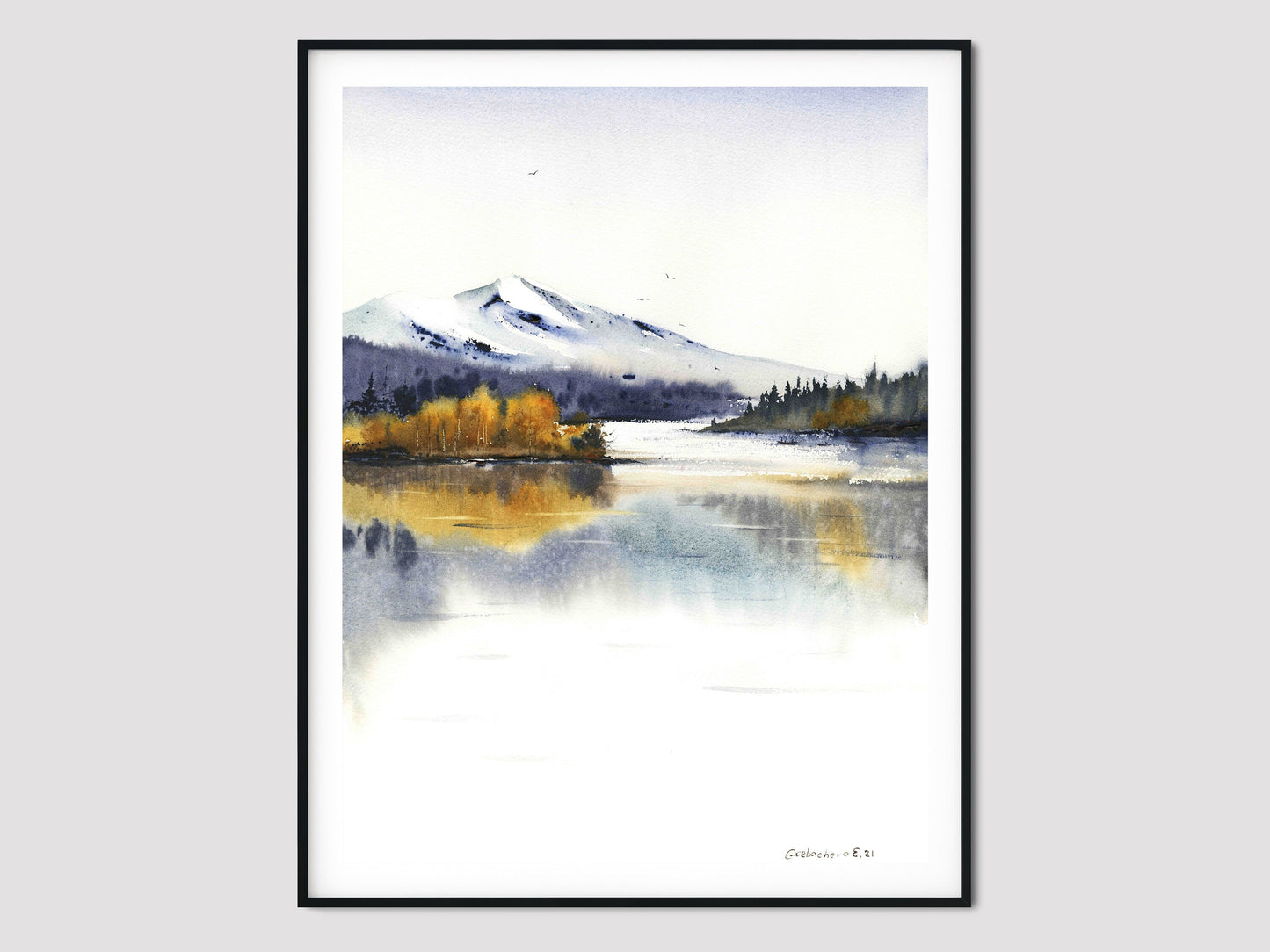 Nature Set of 2 Art Prints, Fall Mountain Wall Decor, Abstract Watercolor Painting, Minimalist Autumn Lake Art, Scenery
